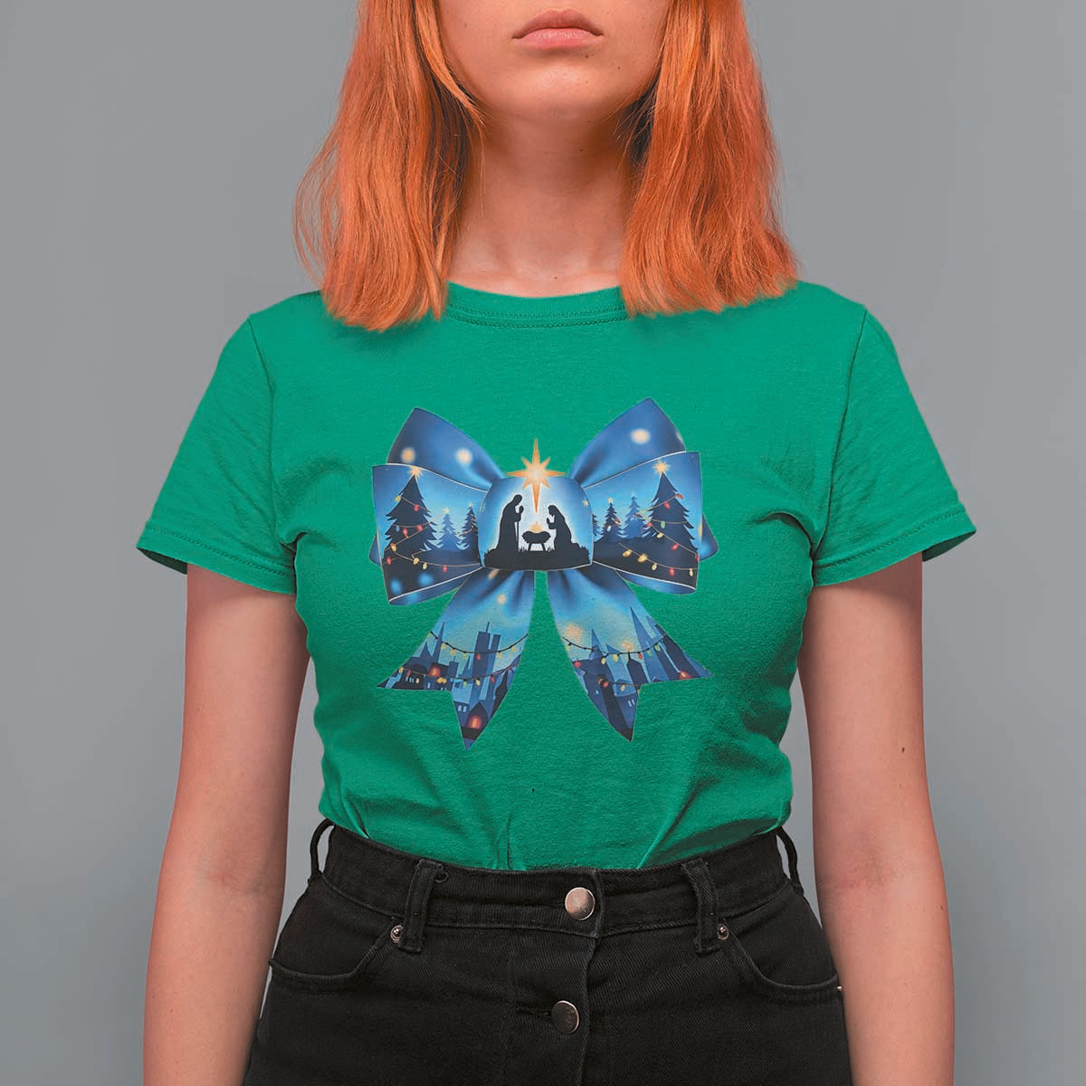 Jesus God Nativity Scene Coquette Bow Christmas T Shirt For Women - Wonder Print Shop