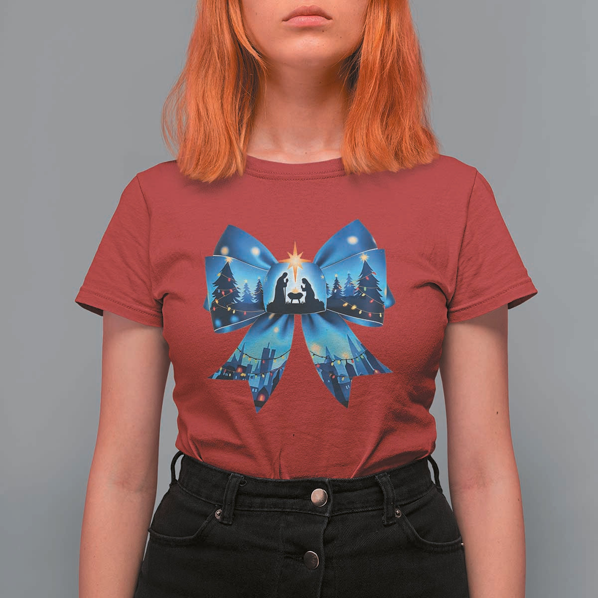 Jesus God Nativity Scene Coquette Bow Christmas T Shirt For Women - Wonder Print Shop