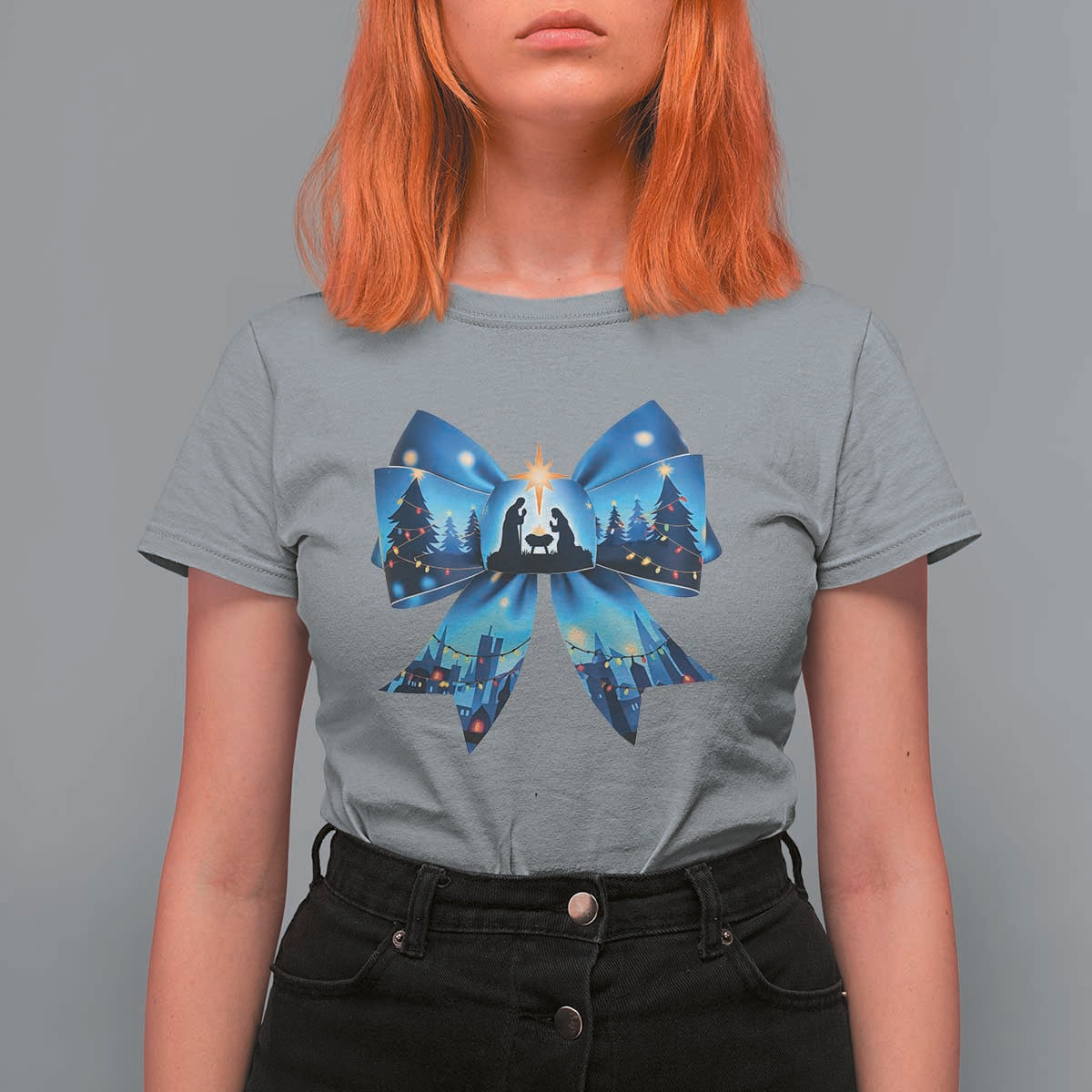 Jesus God Nativity Scene Coquette Bow Christmas T Shirt For Women - Wonder Print Shop