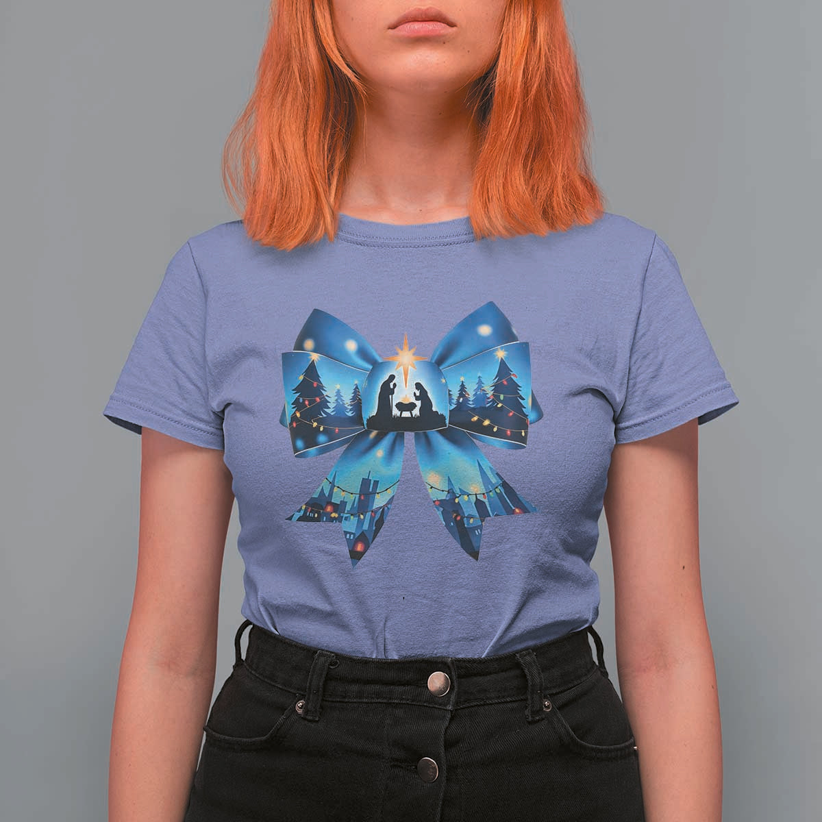 Jesus God Nativity Scene Coquette Bow Christmas T Shirt For Women - Wonder Print Shop