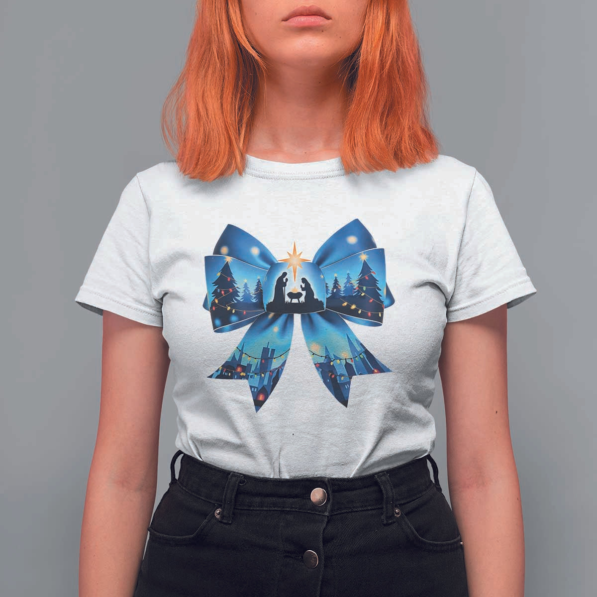 Jesus God Nativity Scene Coquette Bow Christmas T Shirt For Women - Wonder Print Shop