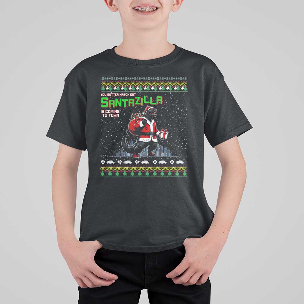 Funny Christmas Santa Godzilla T Shirt For Kid You Better Watch Out Santazilla Is Coming To Town - Wonder Print Shop