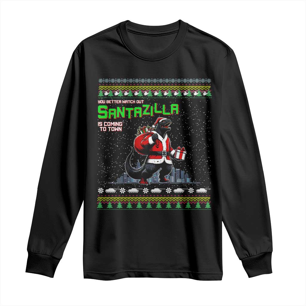Funny Christmas Santa Godzilla Long Sleeve Shirt You Better Watch Out Santazilla Is Coming To Town