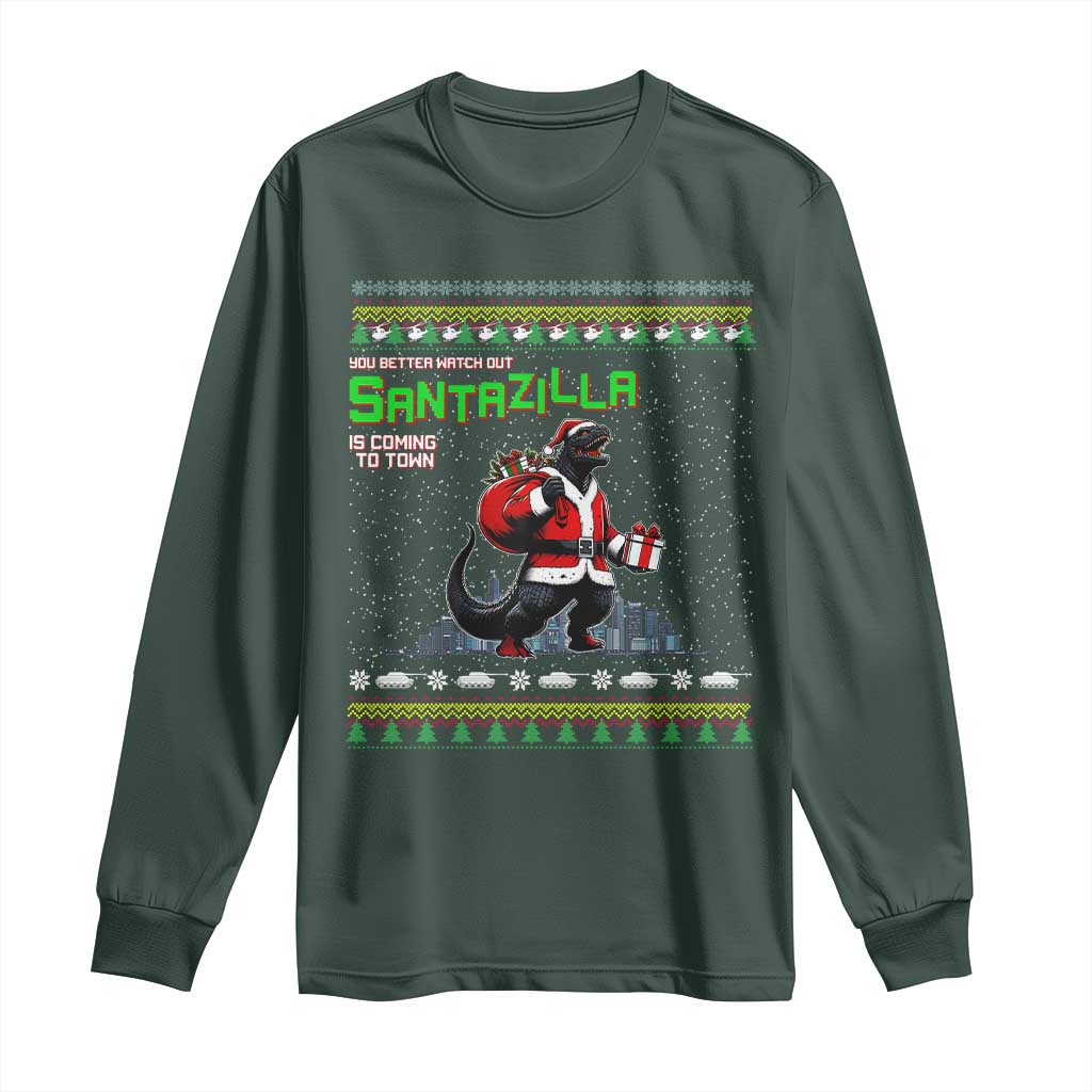 Funny Christmas Santa Godzilla Long Sleeve Shirt You Better Watch Out Santazilla Is Coming To Town