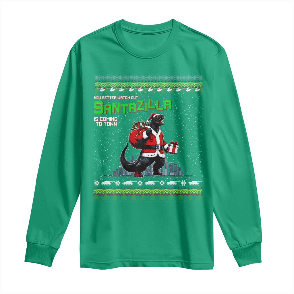 Funny Christmas Santa Godzilla Long Sleeve Shirt You Better Watch Out Santazilla Is Coming To Town