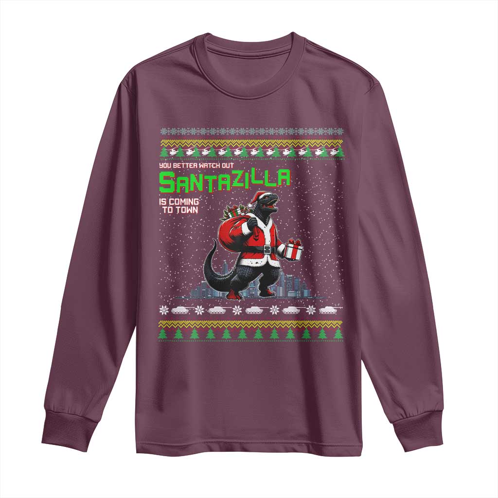 Funny Christmas Santa Godzilla Long Sleeve Shirt You Better Watch Out Santazilla Is Coming To Town