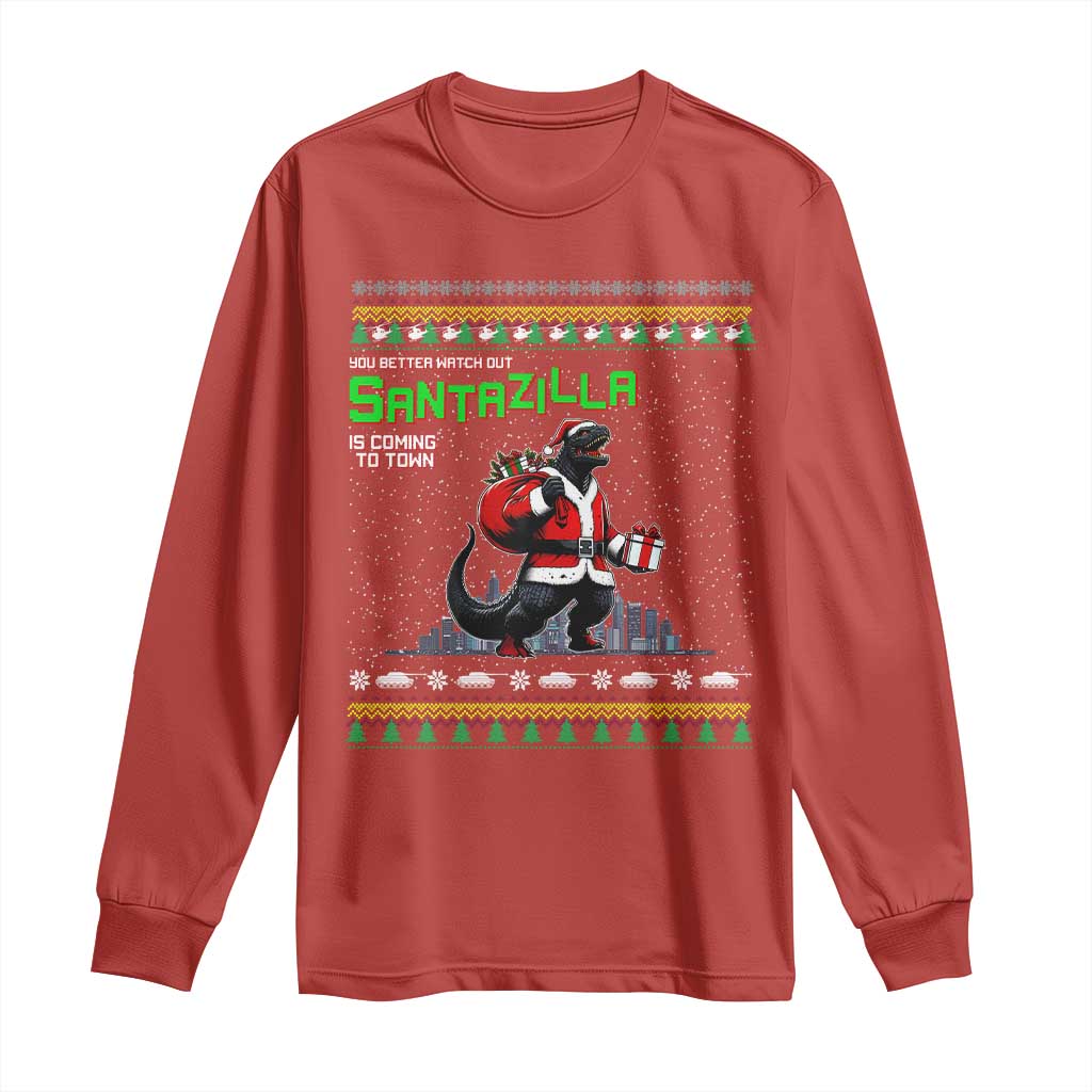 Funny Christmas Santa Godzilla Long Sleeve Shirt You Better Watch Out Santazilla Is Coming To Town