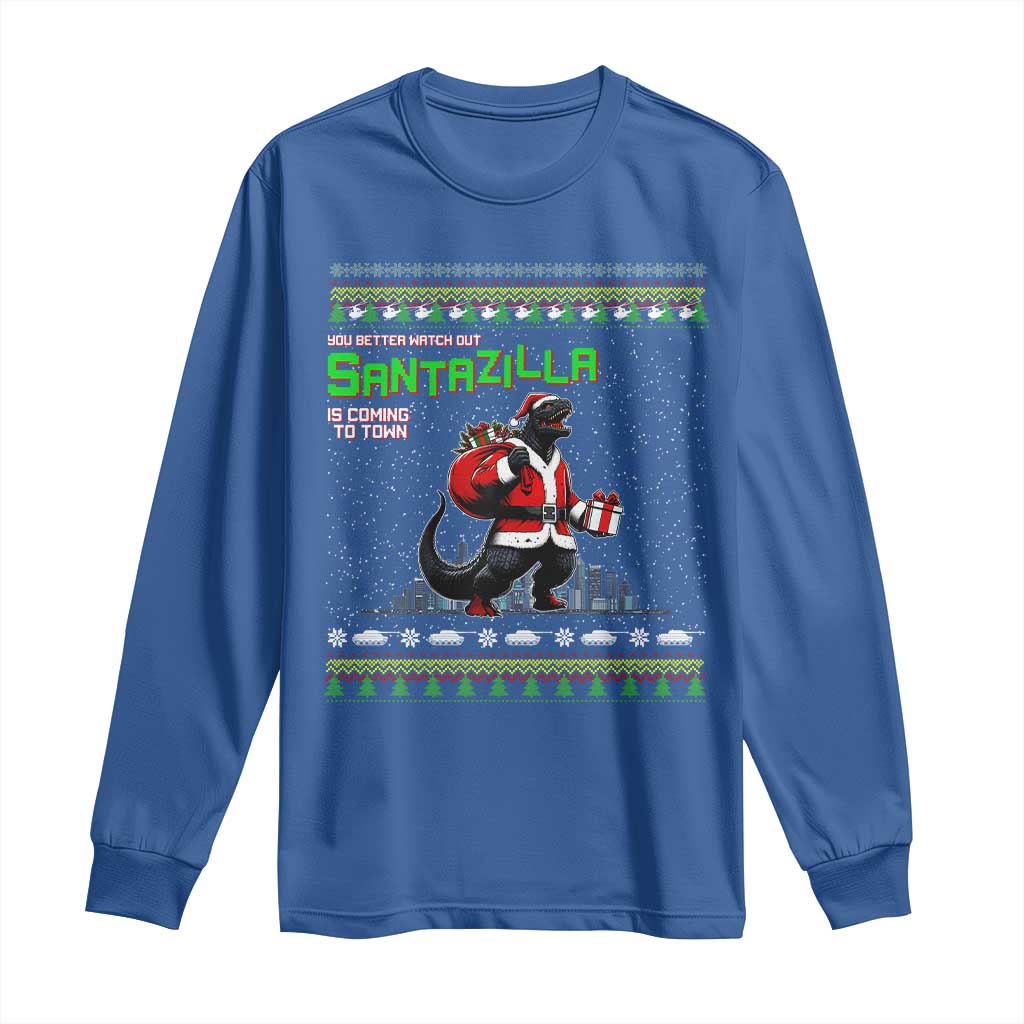 Funny Christmas Santa Godzilla Long Sleeve Shirt You Better Watch Out Santazilla Is Coming To Town