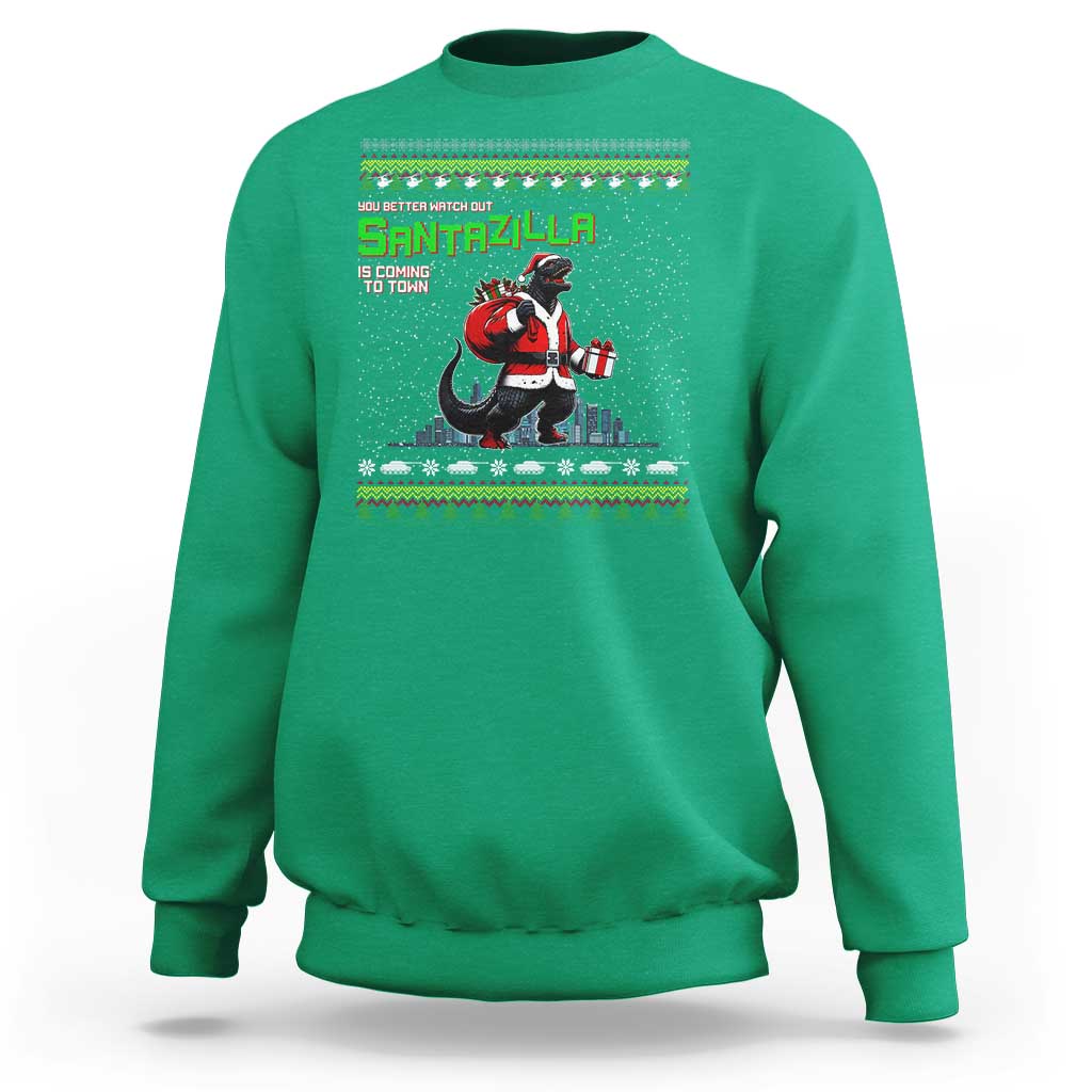 Funny Christmas Santa Godzilla Sweatshirt You Better Watch Out Santazilla Is Coming To Town - Wonder Print Shop