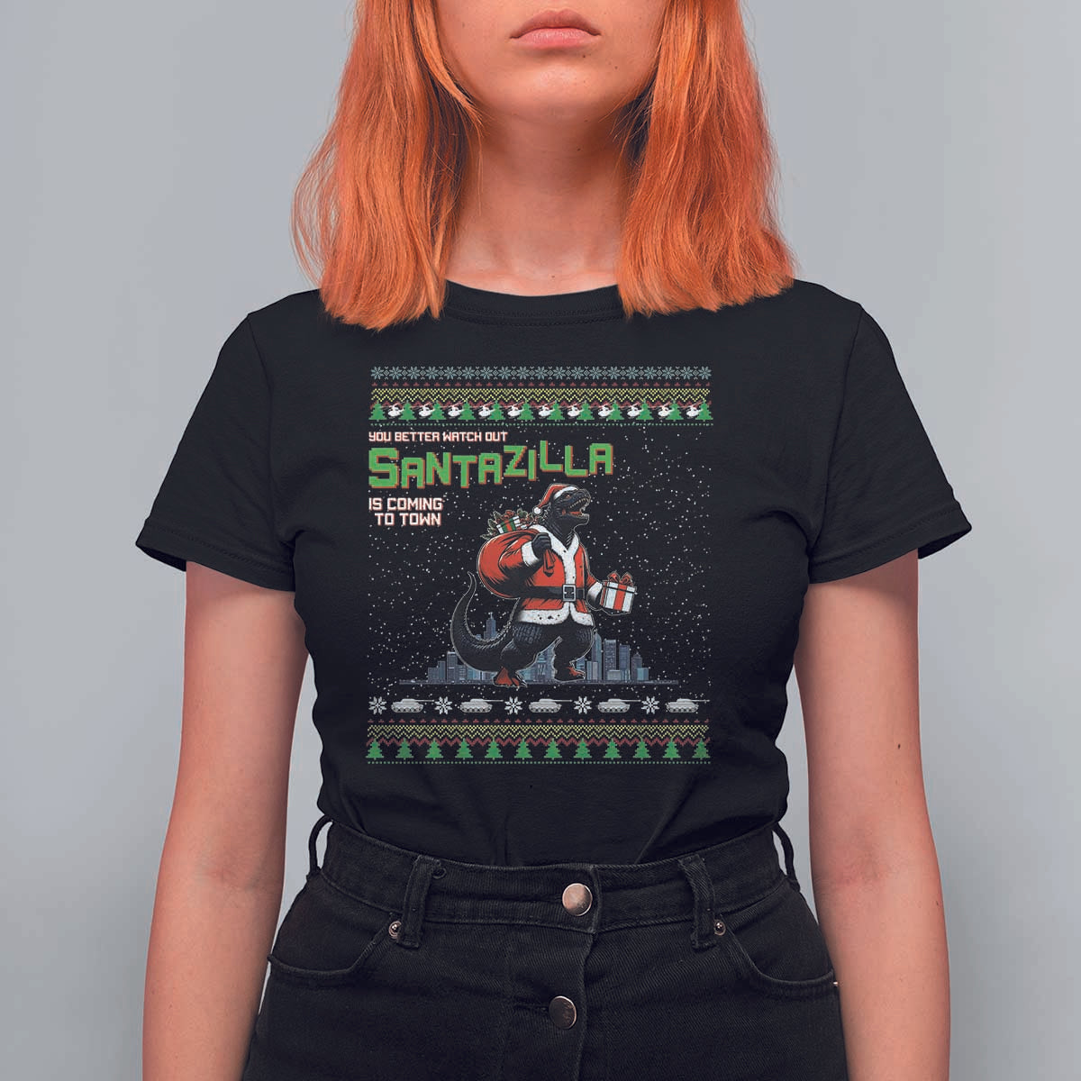 Funny Christmas Santa Godzilla T Shirt For Women You Better Watch Out Santazilla Is Coming To Town - Wonder Print Shop