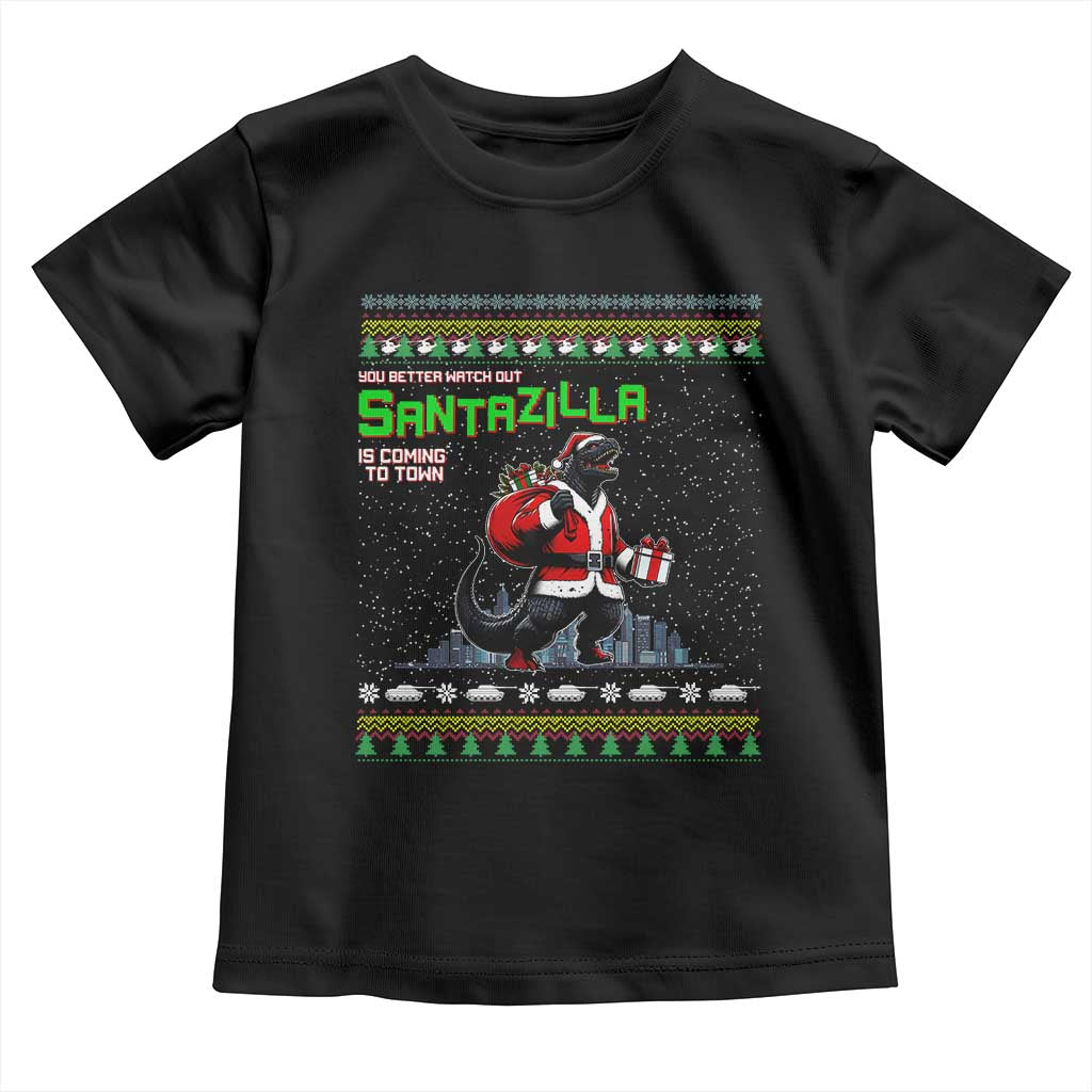 Funny Christmas Santa Godzilla Toddler T Shirt You Better Watch Out Santazilla Is Coming To Town