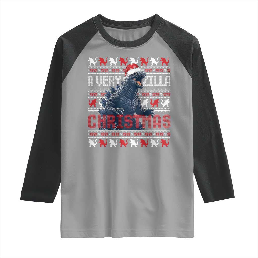 Funny Christmas Santa Godzilla Raglan Shirt A Very Godzilla Xmas Japanese Monster - Wonder Print Shop