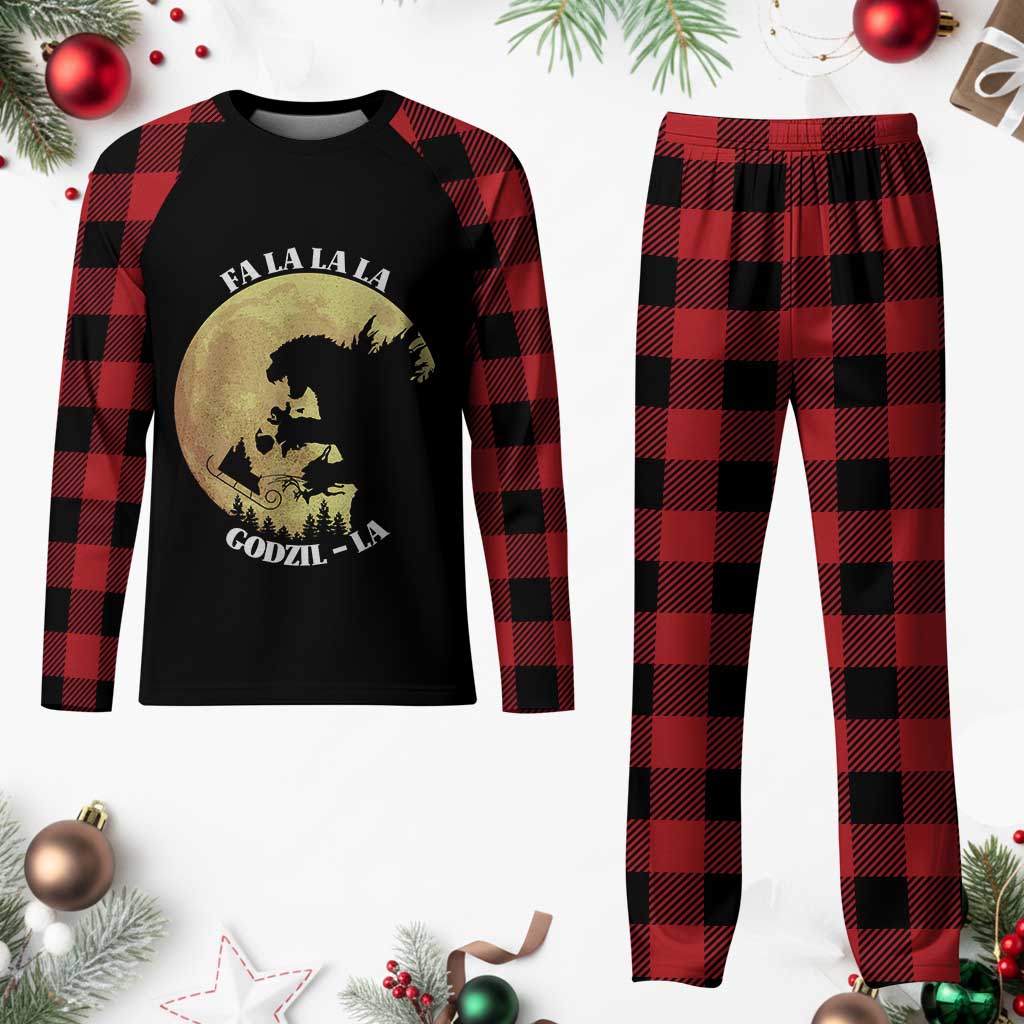 Funny Xmas Godzilla Plaid Pajama Set Falalala Godzil La Santa Reindeers Xmas Japanese Monster - Wonder Print Shop