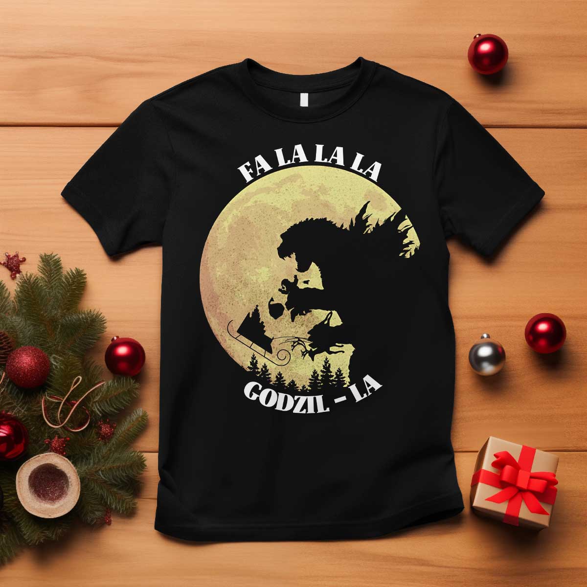 Funny Christmas Godzilla T Shirt Falalala Godzil La Santa Reindeers Xmas Japanese Monster - Wonder Print Shop