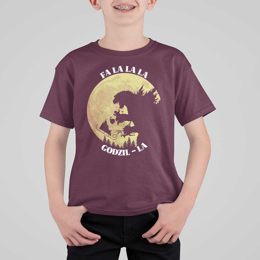 Funny Christmas Godzilla T Shirt For Kid Falalala Godzil La Santa Reindeers Xmas Japanese Monster - Wonder Print Shop