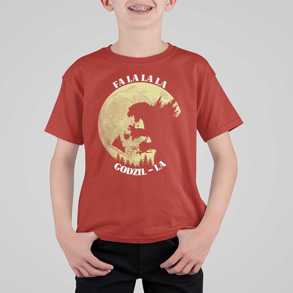 Funny Christmas Godzilla T Shirt For Kid Falalala Godzil La Santa Reindeers Xmas Japanese Monster - Wonder Print Shop