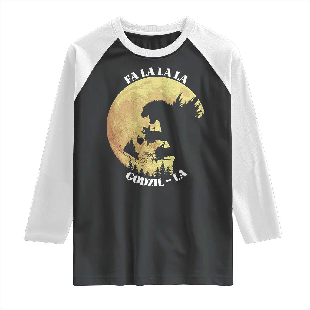 Funny Christmas Godzilla Raglan Shirt Falalala Godzil La Santa Reindeers Xmas Japanese Monster - Wonder Print Shop