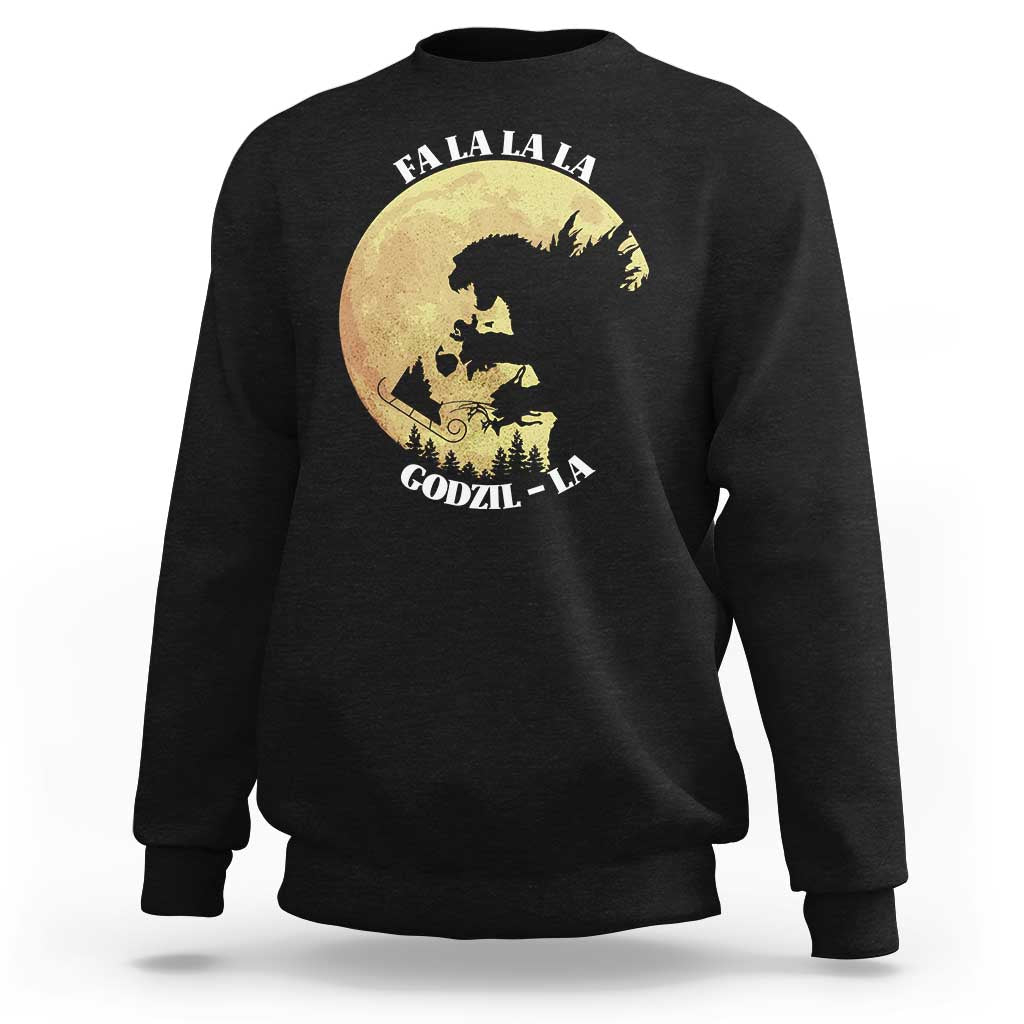 Funny Christmas Godzilla Sweatshirt Falalala Godzil La Santa Reindeers Xmas Japanese Monster - Wonder Print Shop