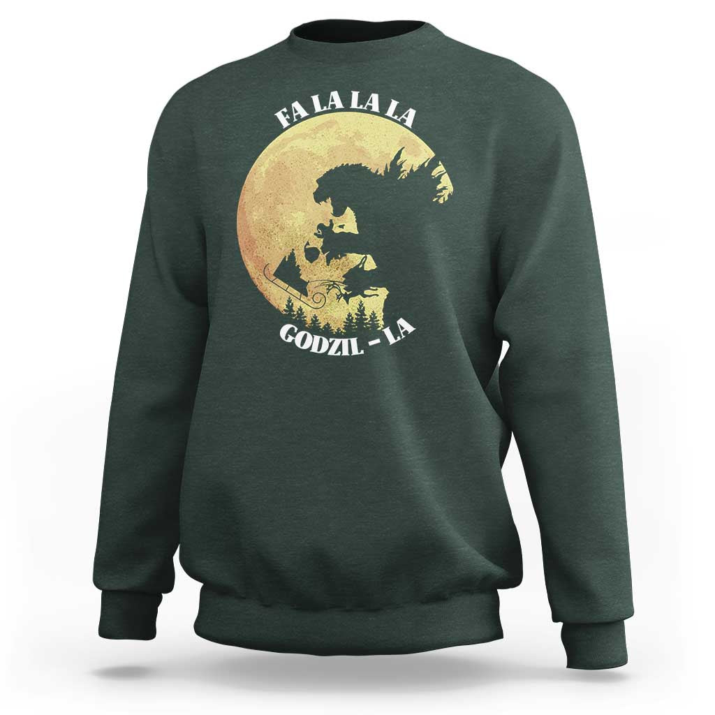 Funny Christmas Godzilla Sweatshirt Falalala Godzil La Santa Reindeers Xmas Japanese Monster - Wonder Print Shop