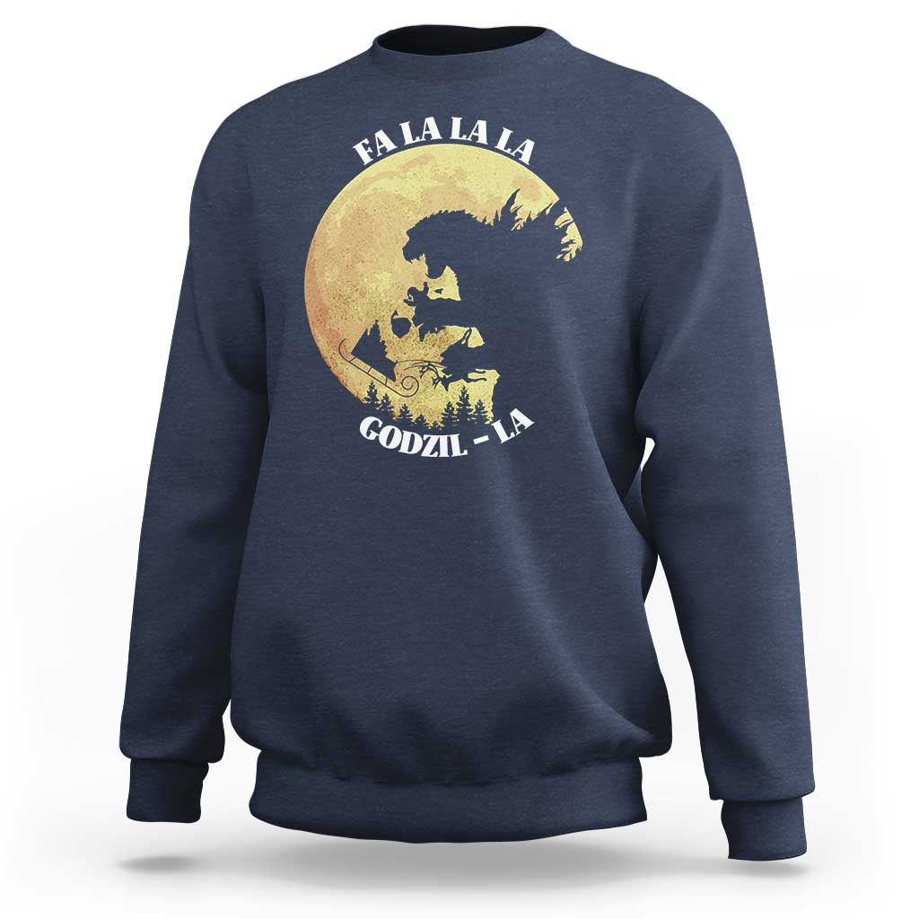 Funny Christmas Godzilla Sweatshirt Falalala Godzil La Santa Reindeers Xmas Japanese Monster - Wonder Print Shop