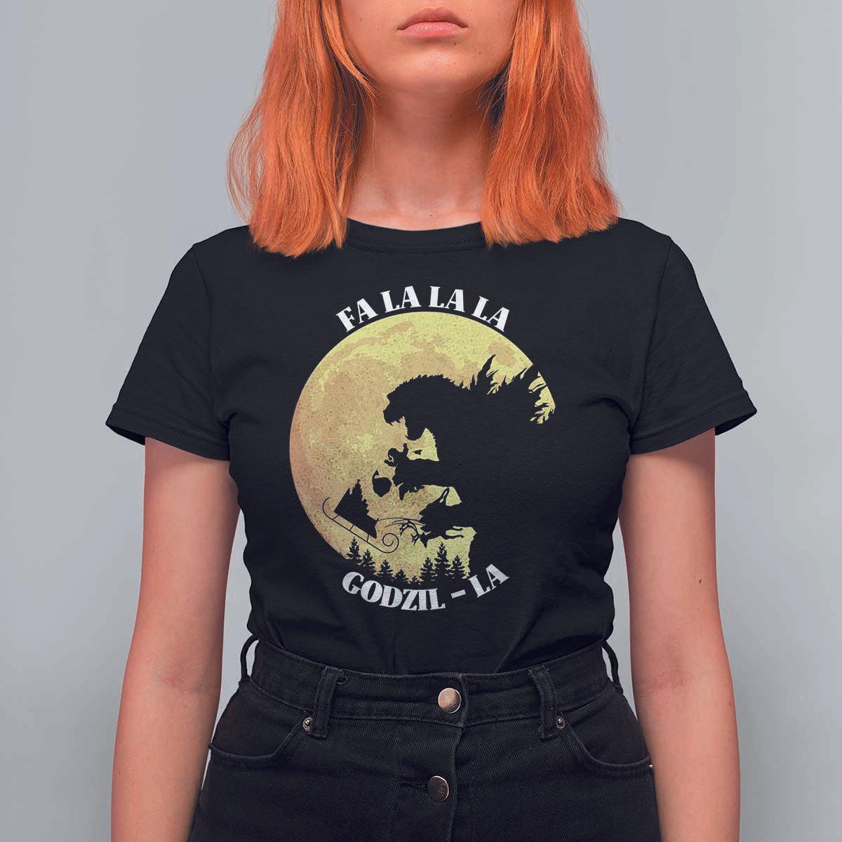 Funny Christmas Godzilla T Shirt For Women Falalala Godzil La Santa Reindeers Xmas Japanese Monster - Wonder Print Shop