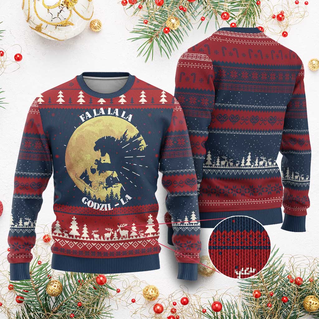Funny Xmas Godzilla Ugly Christmas Sweater Falalala Godzil La Santa Reindeers Xmas Japanese Monster - Wonder Print Shop