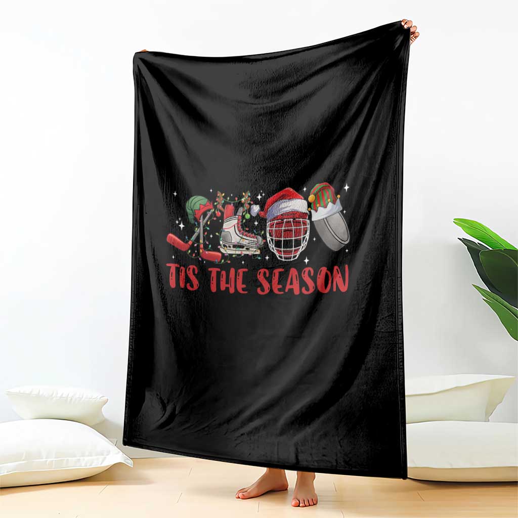 Funny Christmas Ice Hockey Throw Blanket Tis The Season Santa Elf Hat Hockey Equipment - Wonder Print Shop