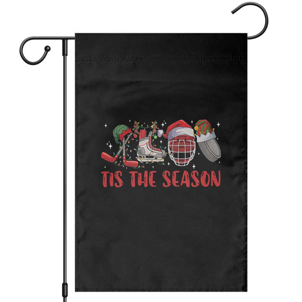 Funny Christmas Ice Hockey Garden Flag Tis The Season Santa Elf Hat Hockey Equipment - Wonder Print Shop