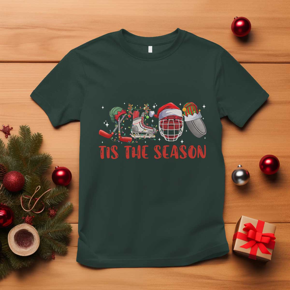 Funny Christmas Ice Hockey T Shirt Tis The Season Santa Elf Hat Hockey Equipment - Wonder Print Shop