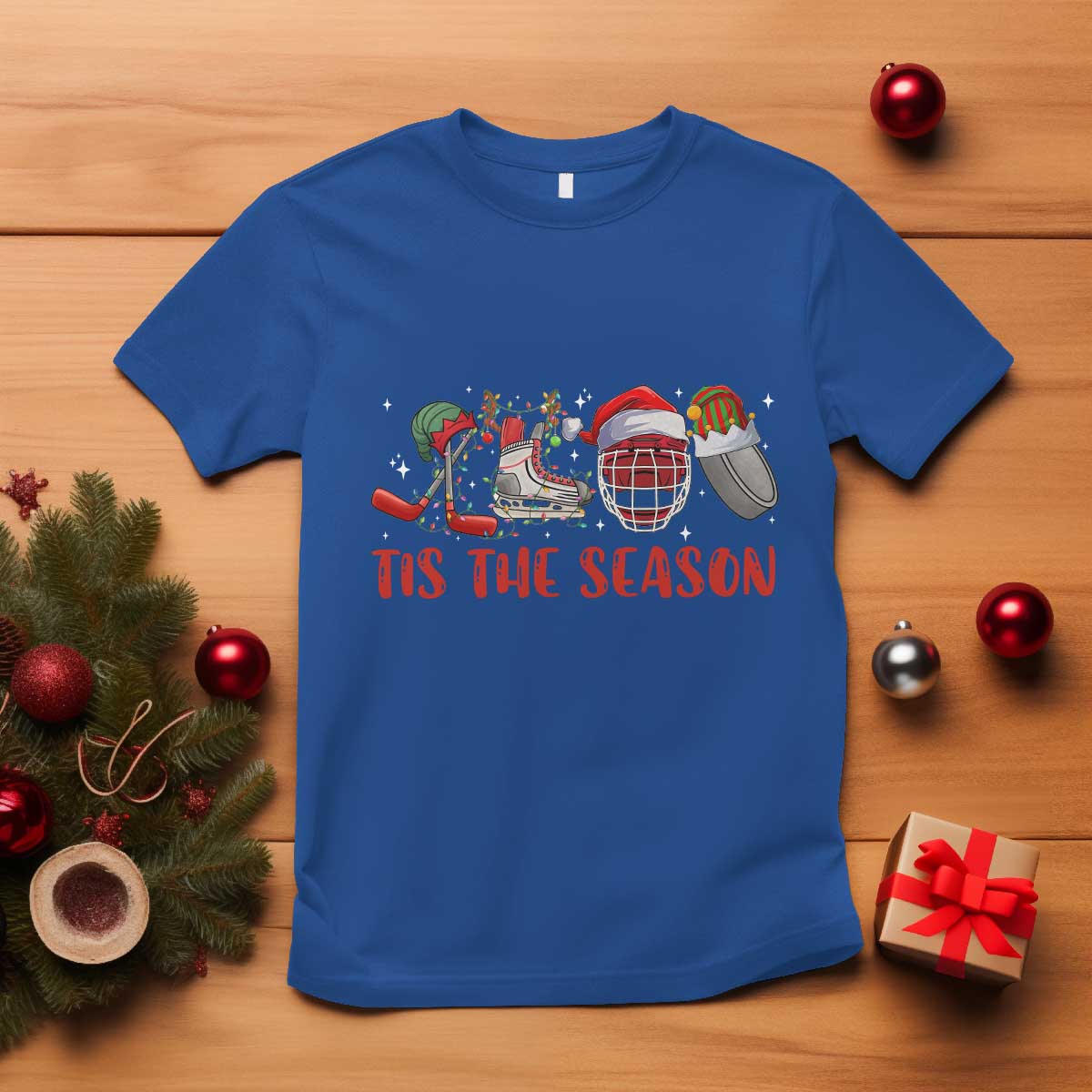 Funny Christmas Ice Hockey T Shirt Tis The Season Santa Elf Hat Hockey Equipment - Wonder Print Shop