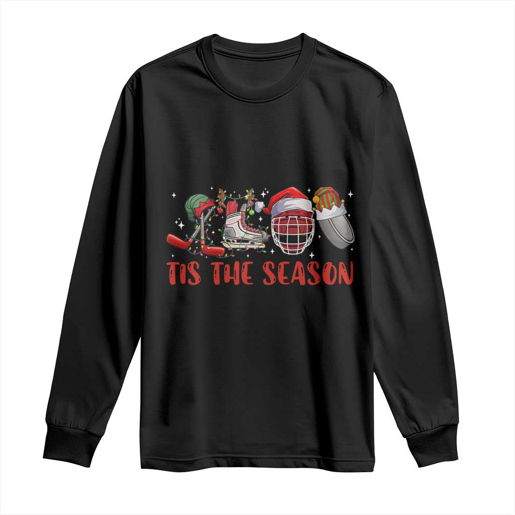 Funny Christmas Ice Hockey Long Sleeve Shirt Tis The Season Santa Elf Hat Hockey Equipment