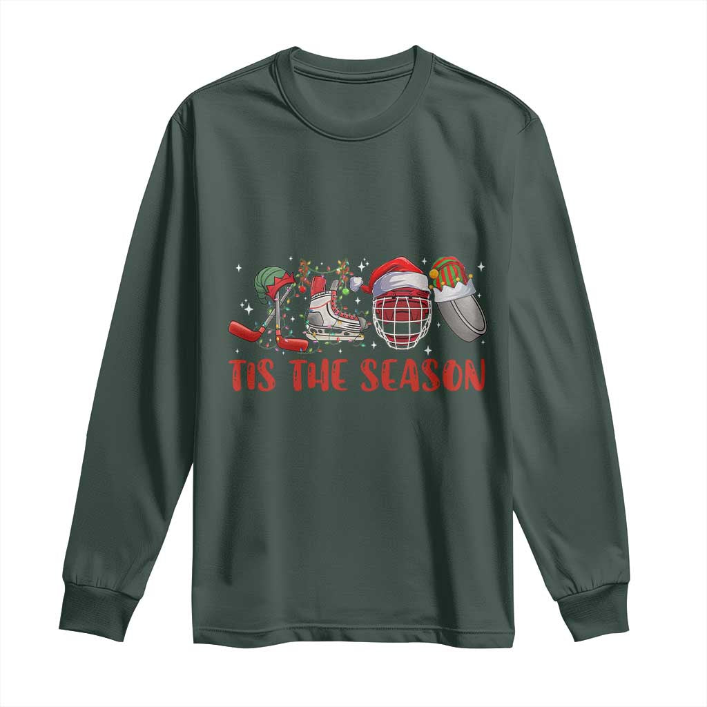 Funny Christmas Ice Hockey Long Sleeve Shirt Tis The Season Santa Elf Hat Hockey Equipment