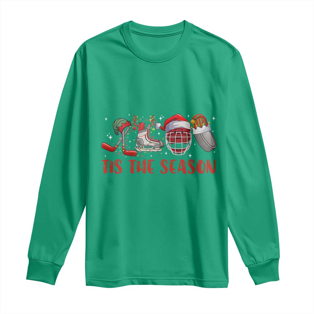 Funny Christmas Ice Hockey Long Sleeve Shirt Tis The Season Santa Elf Hat Hockey Equipment