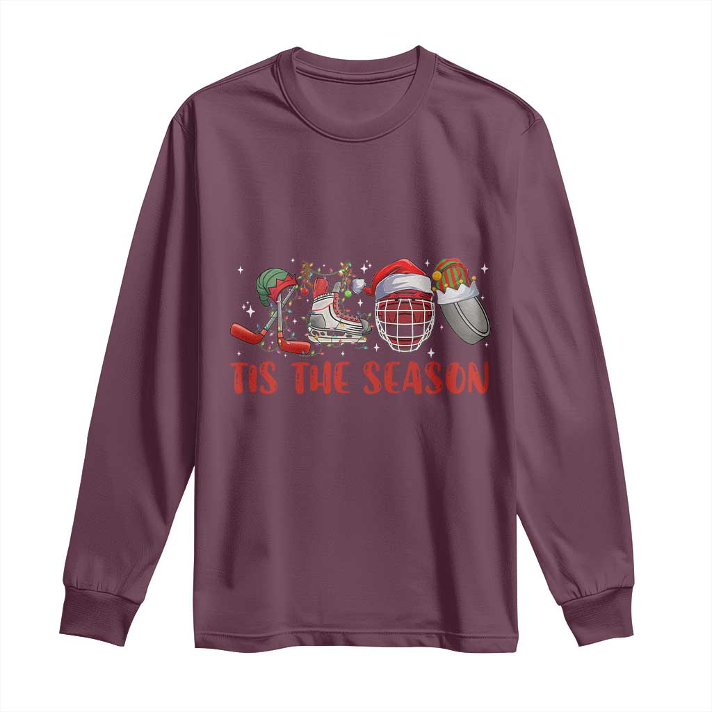 Funny Christmas Ice Hockey Long Sleeve Shirt Tis The Season Santa Elf Hat Hockey Equipment