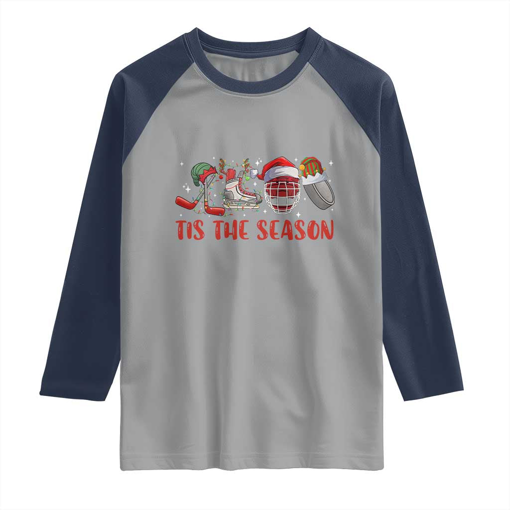 Funny Christmas Ice Hockey Raglan Shirt Tis The Season Santa Elf Hat Hockey Equipment - Wonder Print Shop