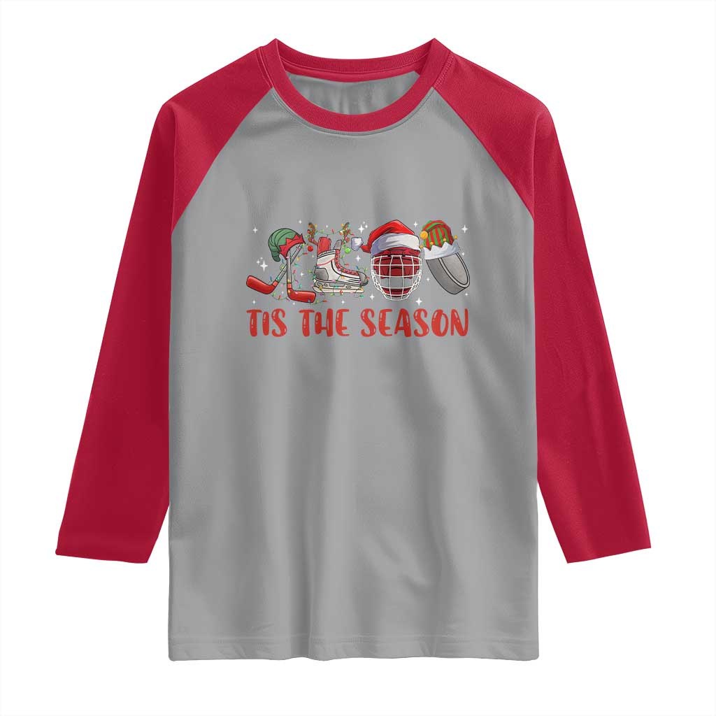 Funny Christmas Ice Hockey Raglan Shirt Tis The Season Santa Elf Hat Hockey Equipment - Wonder Print Shop
