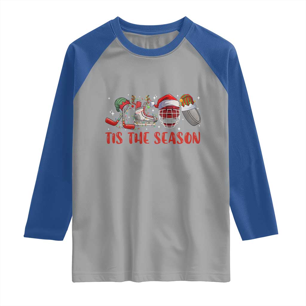 Funny Christmas Ice Hockey Raglan Shirt Tis The Season Santa Elf Hat Hockey Equipment - Wonder Print Shop