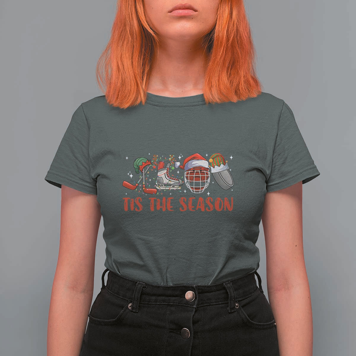 Funny Christmas Ice Hockey T Shirt For Women Tis The Season Santa Elf Hat Hockey Equipment - Wonder Print Shop