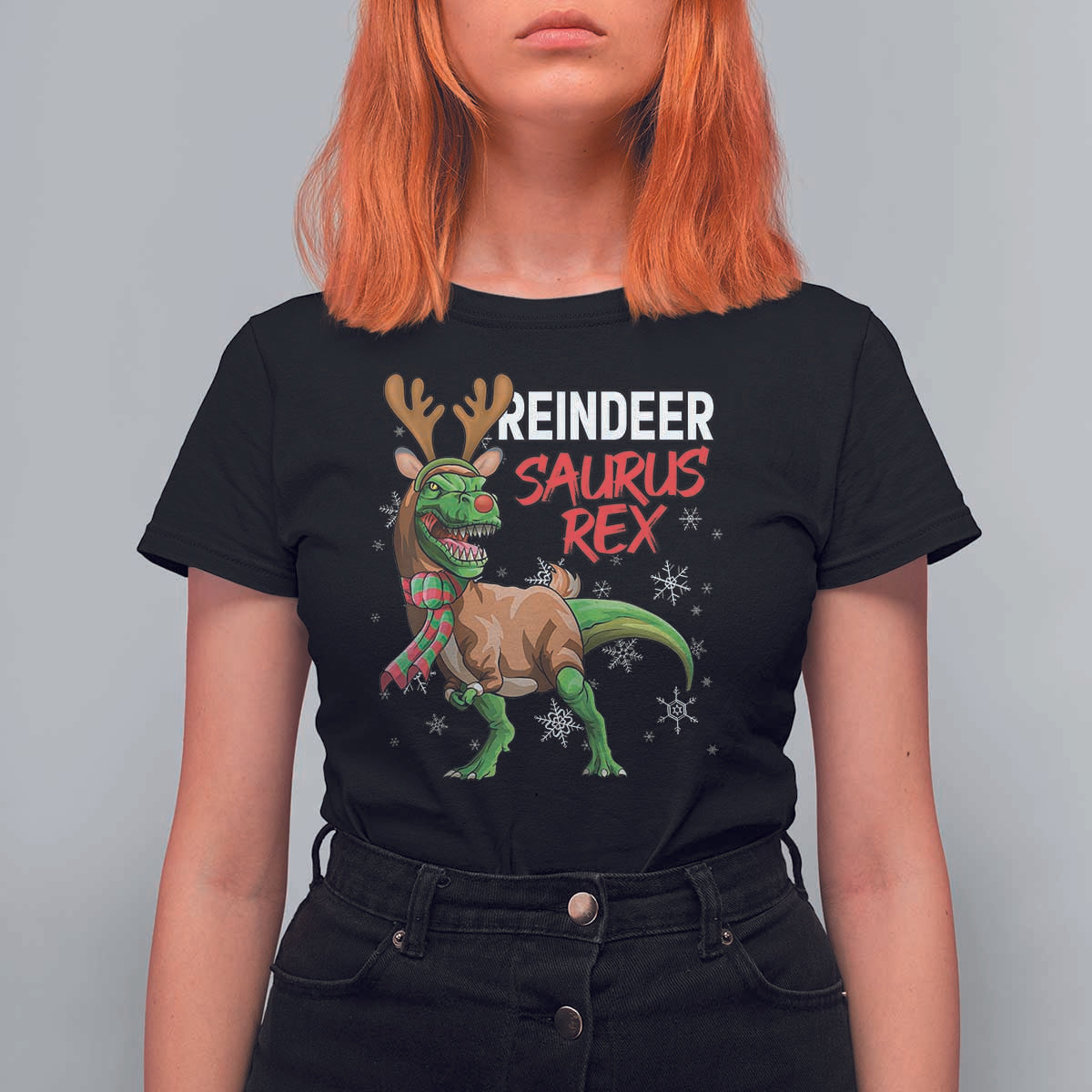 Funny Christmas Rex Dinosaur T Shirt For Women Reindeer Saurus Rex Xmas Dinosaur - Wonder Print Shop