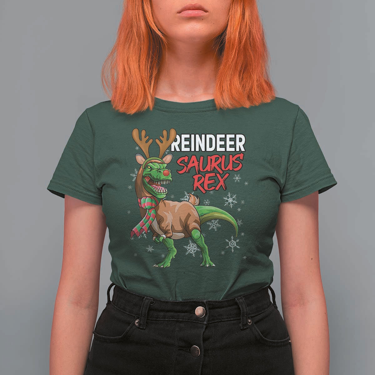 Funny Christmas Rex Dinosaur T Shirt For Women Reindeer Saurus Rex Xmas Dinosaur - Wonder Print Shop