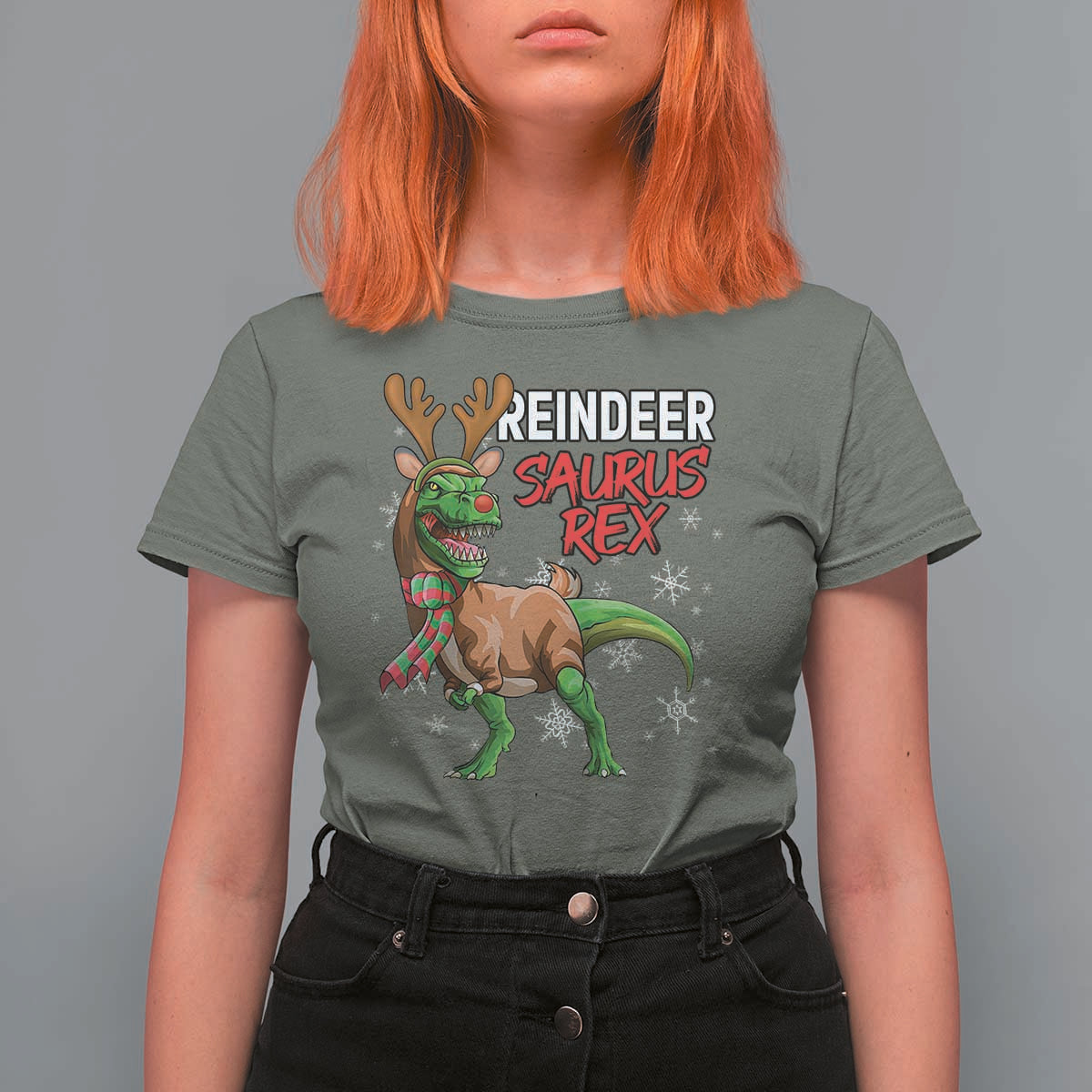 Funny Christmas Rex Dinosaur T Shirt For Women Reindeer Saurus Rex Xmas Dinosaur - Wonder Print Shop