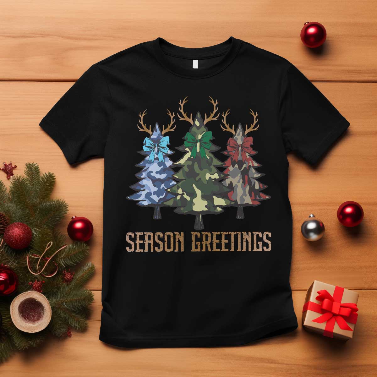 Funny Christmas Hunting T Shirt Season Greetings Camouflage Xmas Tree Reindeers - Wonder Print Shop