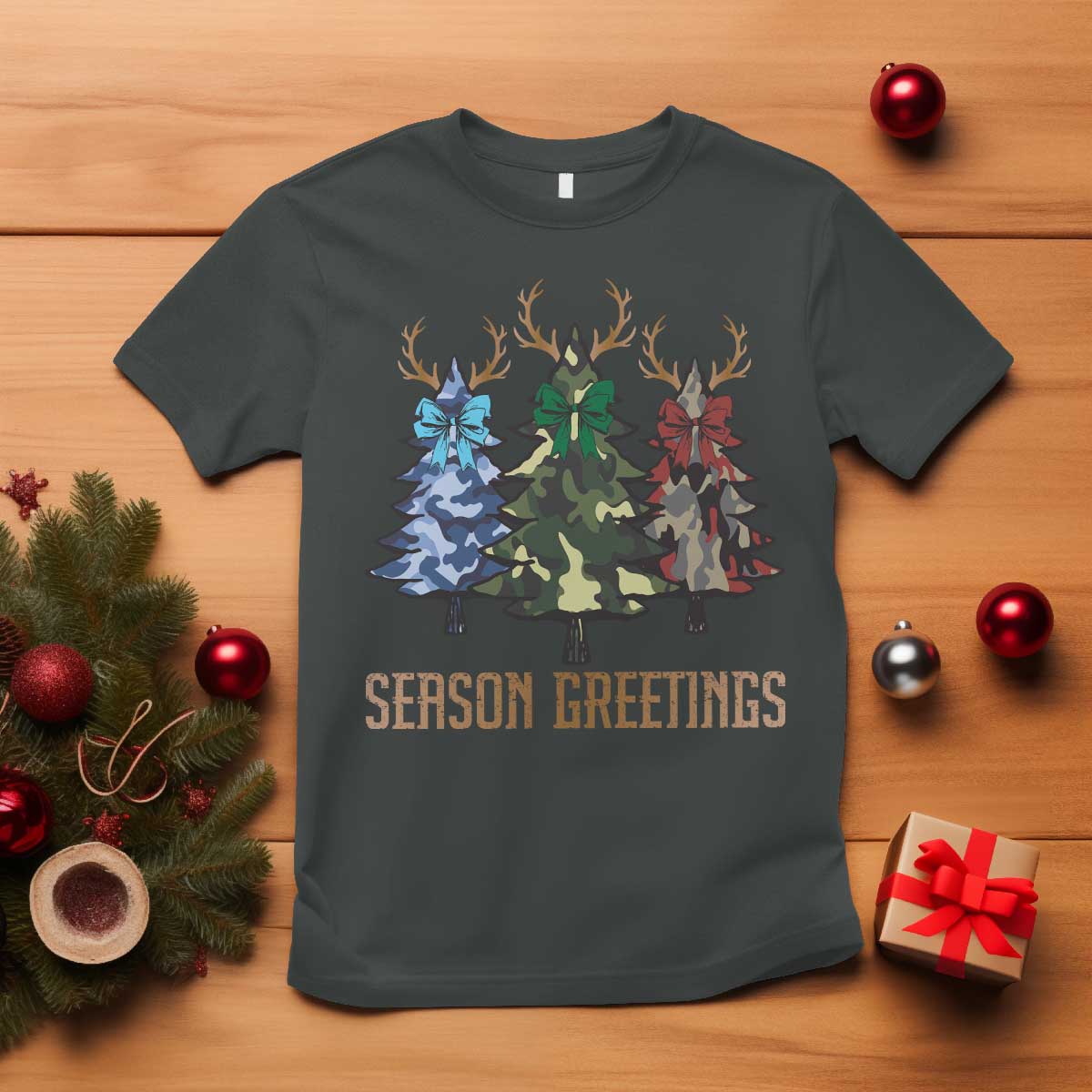 Funny Christmas Hunting T Shirt Season Greetings Camouflage Xmas Tree Reindeers - Wonder Print Shop
