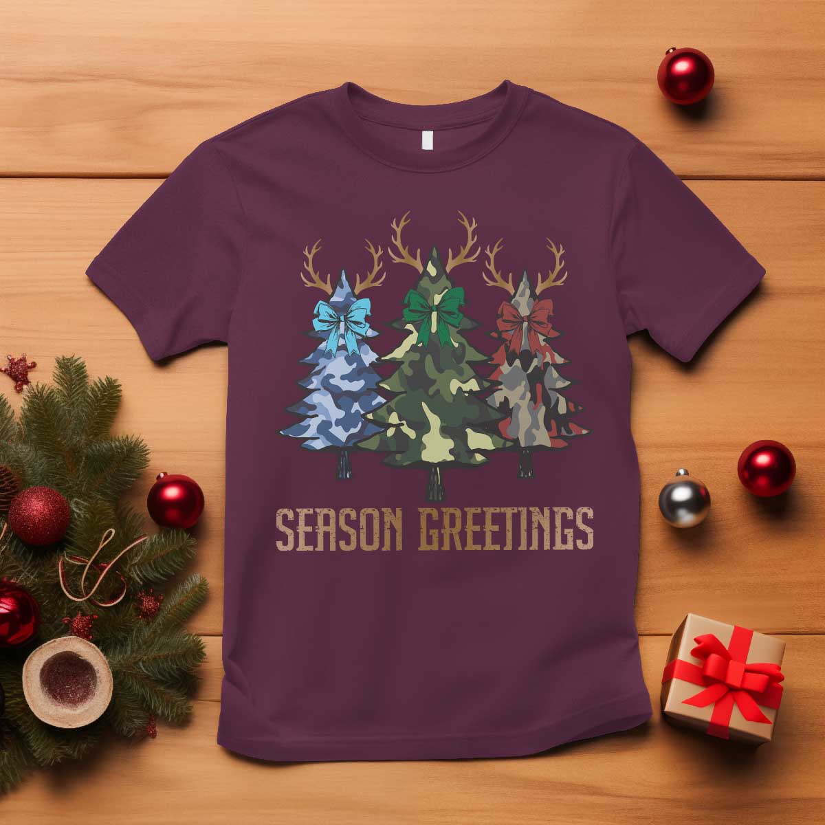 Funny Christmas Hunting T Shirt Season Greetings Camouflage Xmas Tree Reindeers - Wonder Print Shop