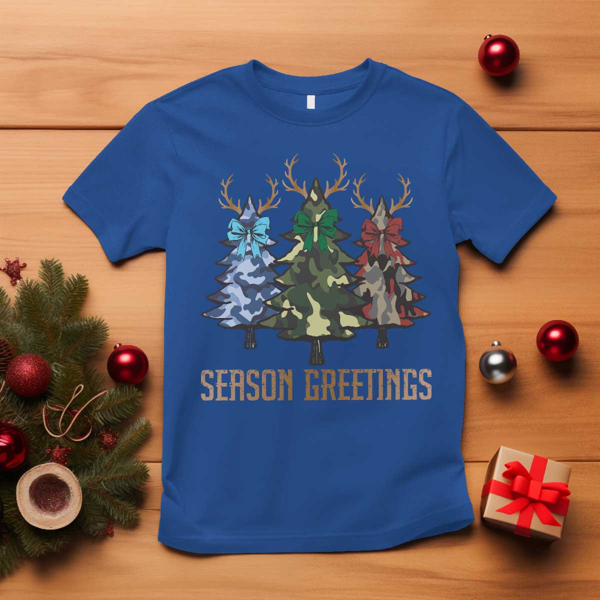 Funny Christmas Hunting T Shirt Season Greetings Camouflage Xmas Tree Reindeers - Wonder Print Shop