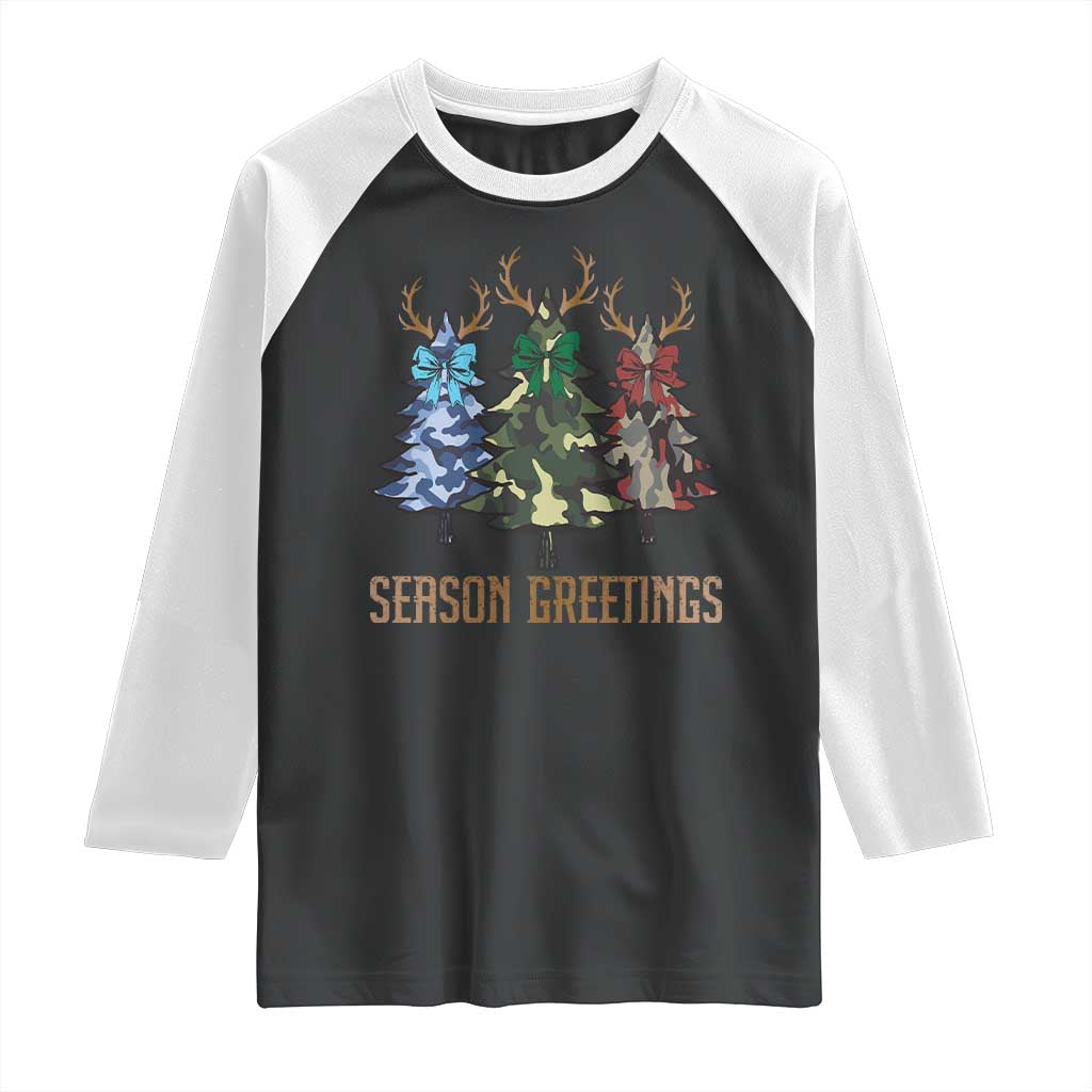 Funny Christmas Hunting Raglan Shirt Season Greetings Camouflage Xmas Tree Reindeers - Wonder Print Shop