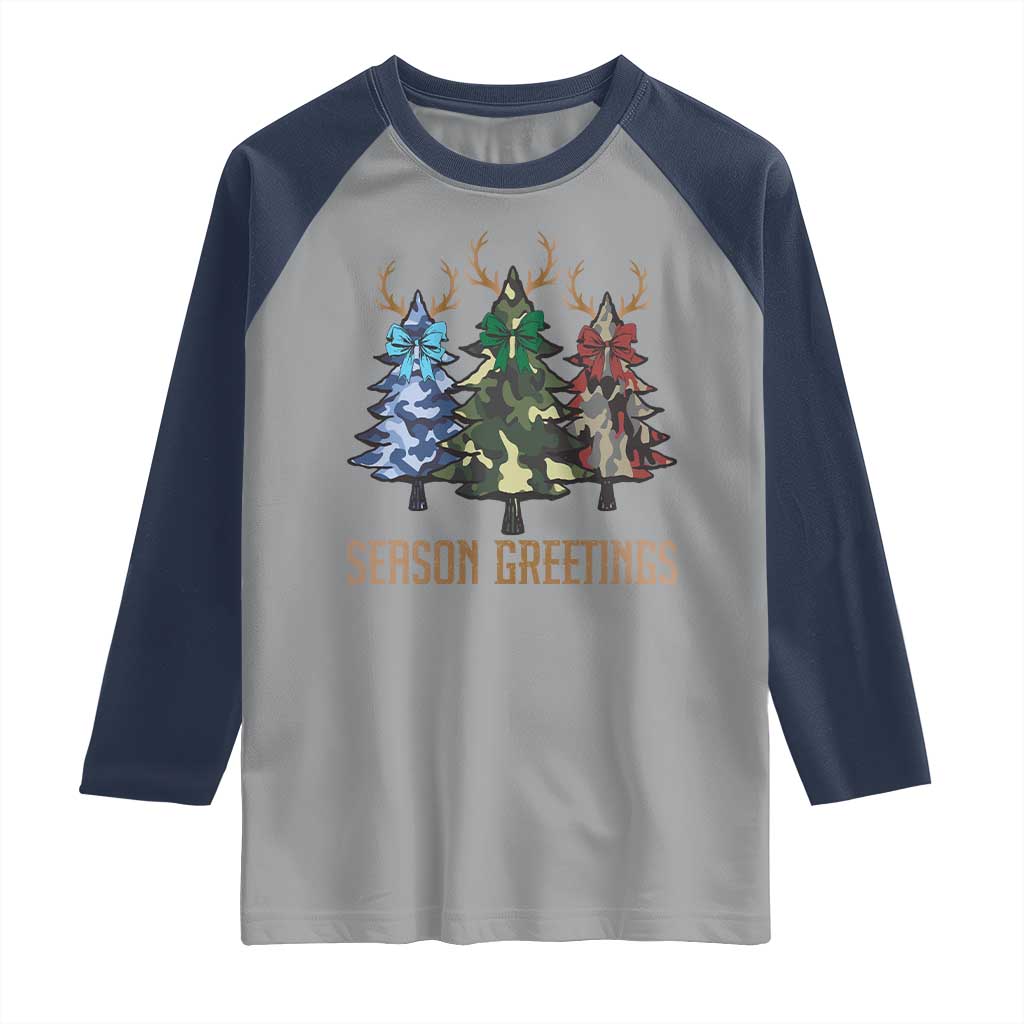 Funny Christmas Hunting Raglan Shirt Season Greetings Camouflage Xmas Tree Reindeers - Wonder Print Shop