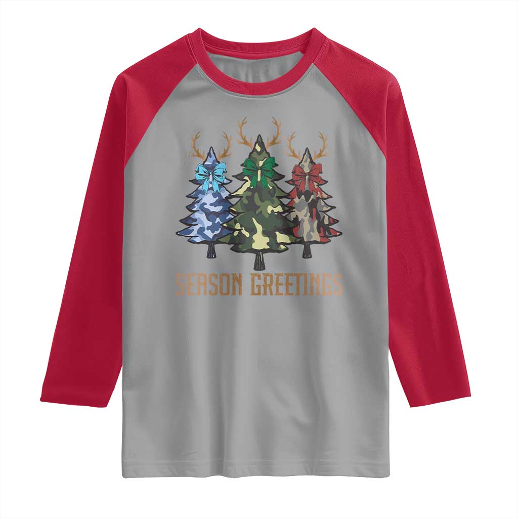 Funny Christmas Hunting Raglan Shirt Season Greetings Camouflage Xmas Tree Reindeers - Wonder Print Shop