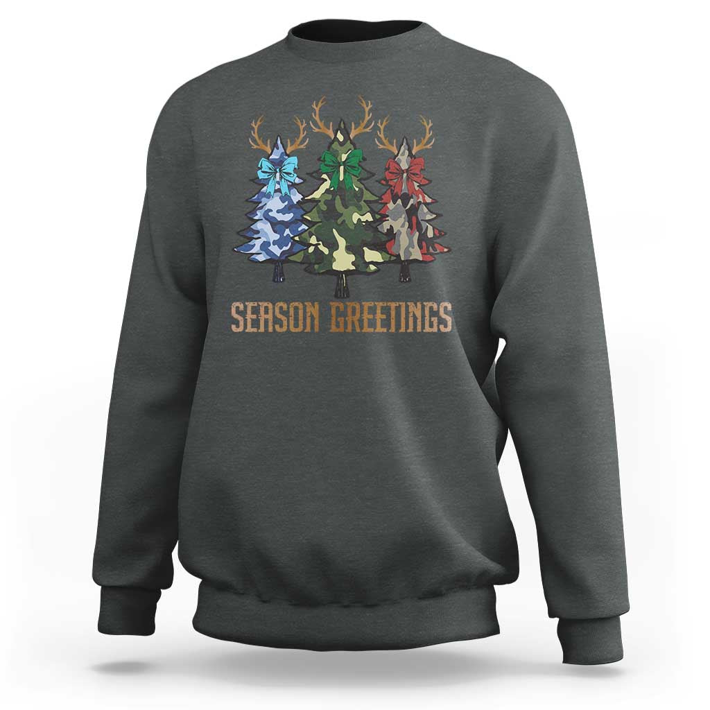 Funny Christmas Hunting Sweatshirt Season Greetings Camouflage Xmas Tree Reindeers - Wonder Print Shop