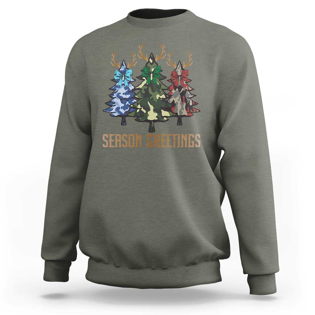 Funny Christmas Hunting Sweatshirt Season Greetings Camouflage Xmas Tree Reindeers - Wonder Print Shop